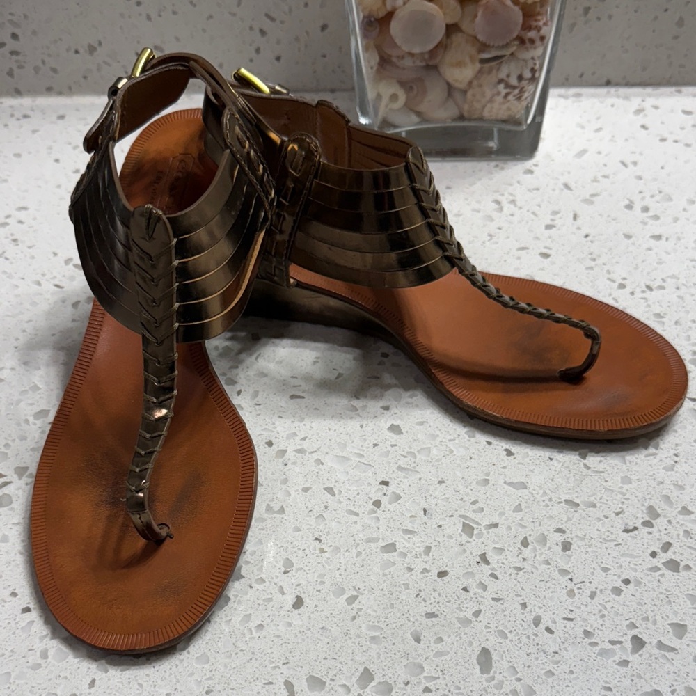 Coach Bronze India Strappy Sandals SZ 7 wedge GUC resort neutral vacation cruise